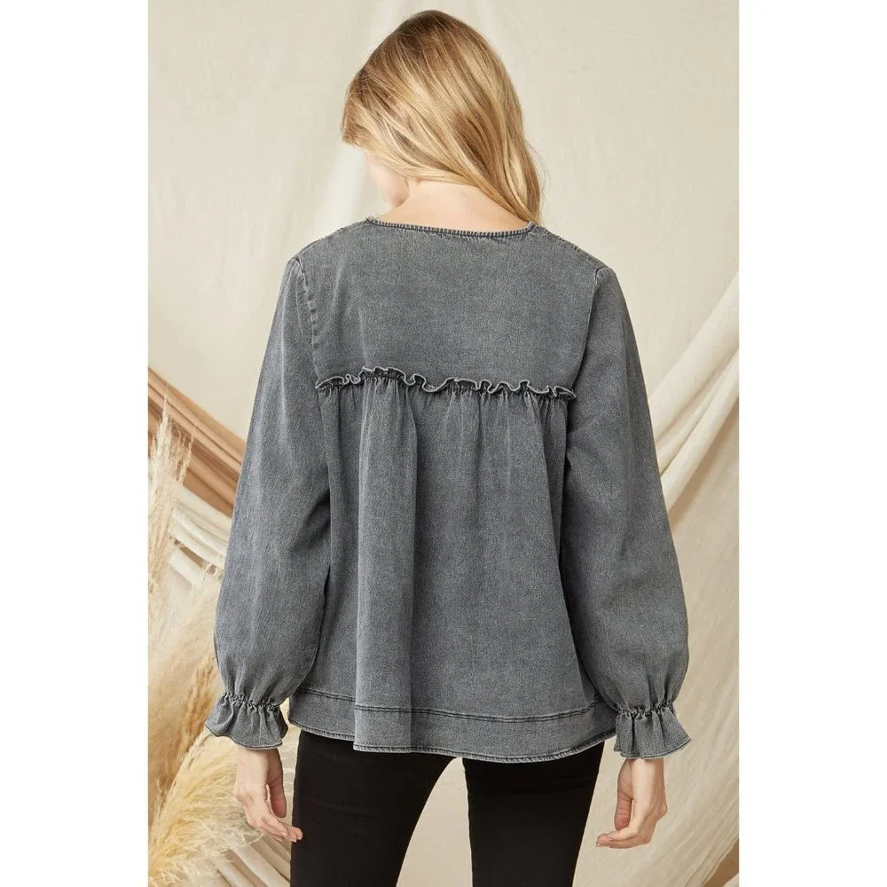 Entro Ruffled V-Neck Top, Black - Picture 3 of 6